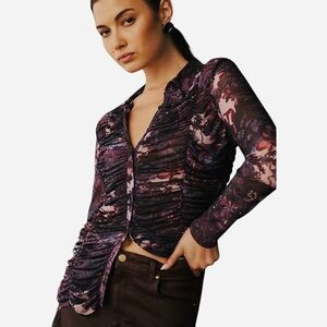 Pilcro Anthropologie Gathered Floral Top Purple Ruched Size Large